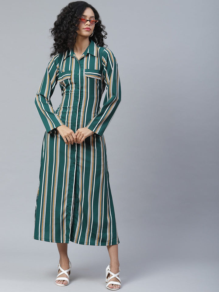 plusS Attractive Green and White Striped Midi Shirt Dress