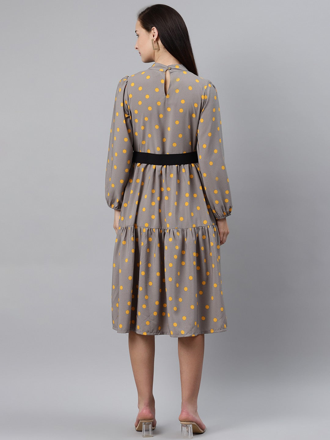 plusS Women Grey  Yellow Polka Dot Print A-Line Dress