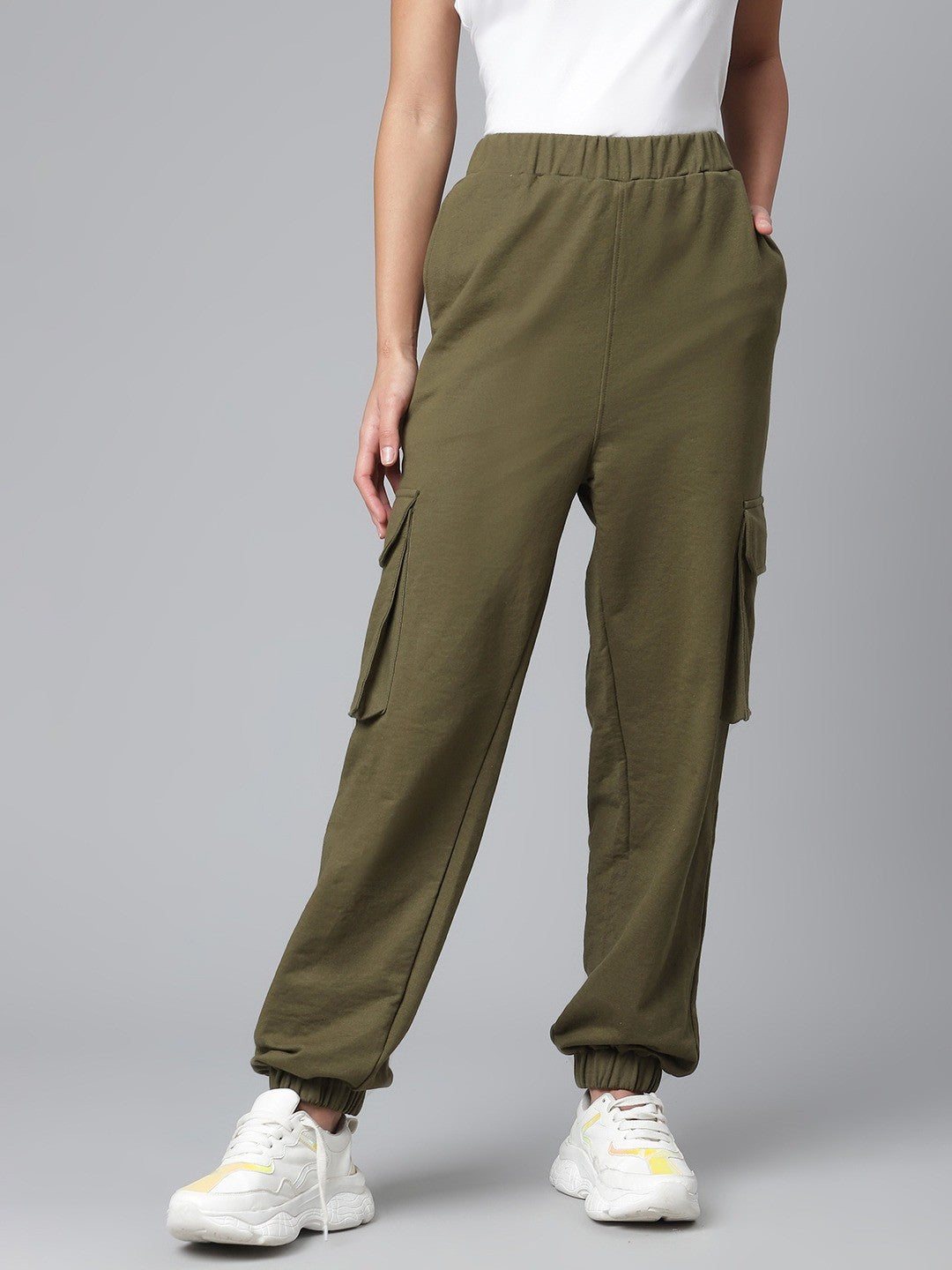 plusS Women Olive Green Solid Cargo Joggers