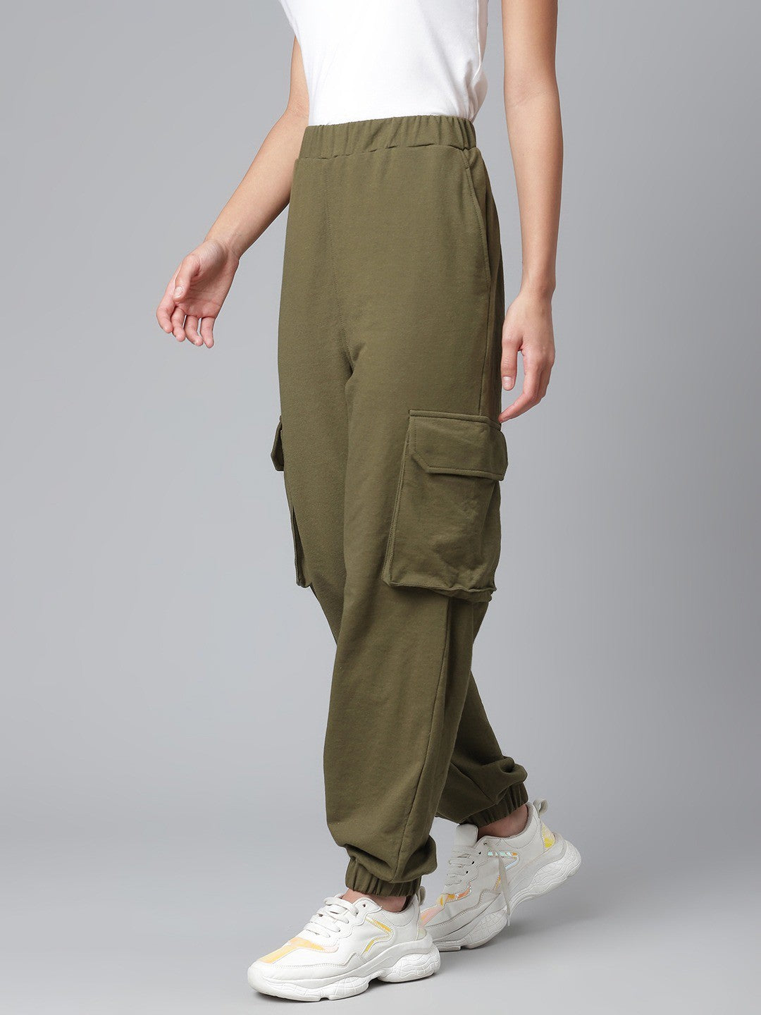 plusS Women Olive Green Solid Cargo Joggers