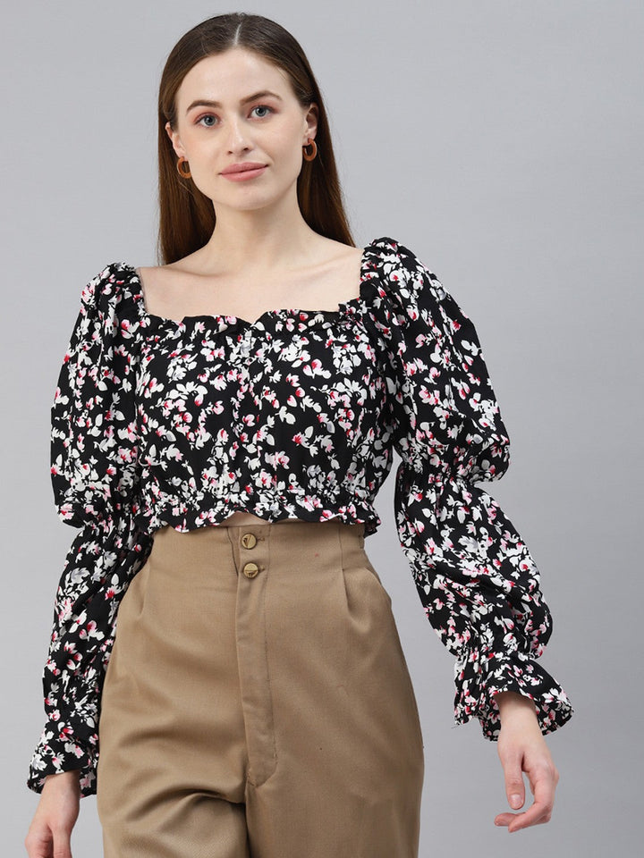 plusS Black Floral Regular Crop Top