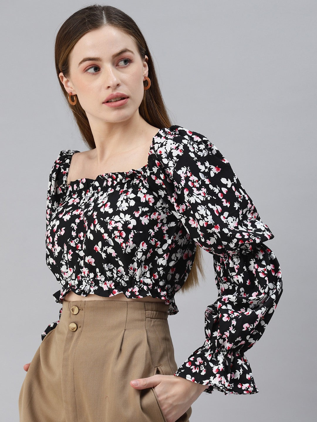 plusS Black Floral Regular Crop Top