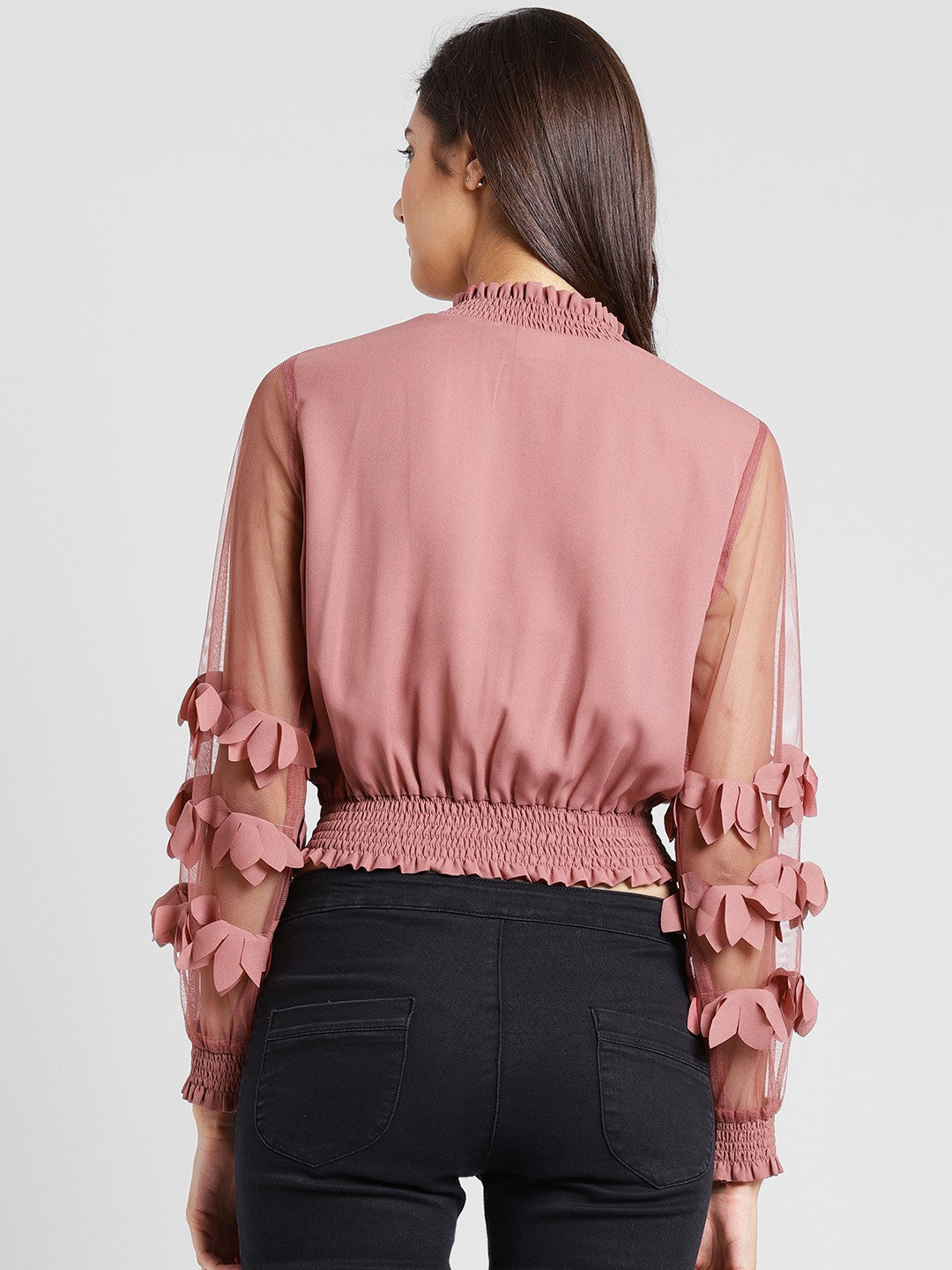 plusS Women Peach-Coloured Self Design Blouson Top