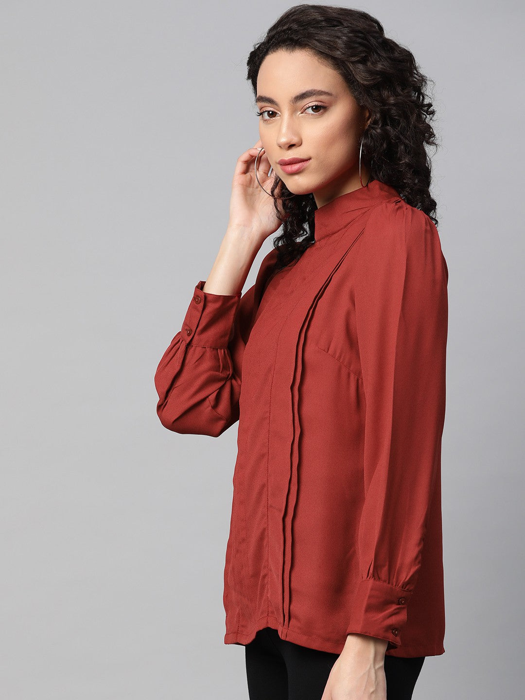 plusS Maroon High Neck Pleated Top