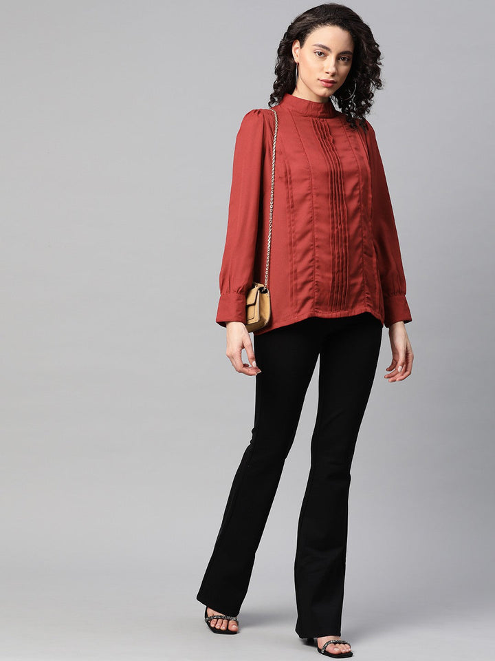 plusS Maroon High Neck Pleated Top