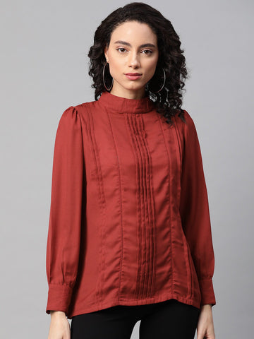 plusS Maroon High Neck Pleated Top