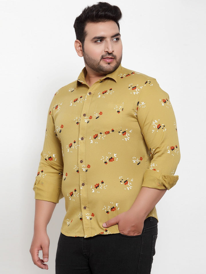 plusS Men Mustard Yellow Regular Fit Printed Casual Shirt