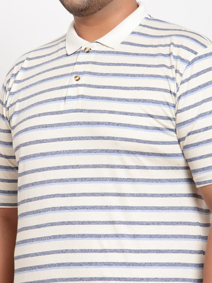 plusS Men Off White Striped Pure Cotton Polo Collar T-shirt