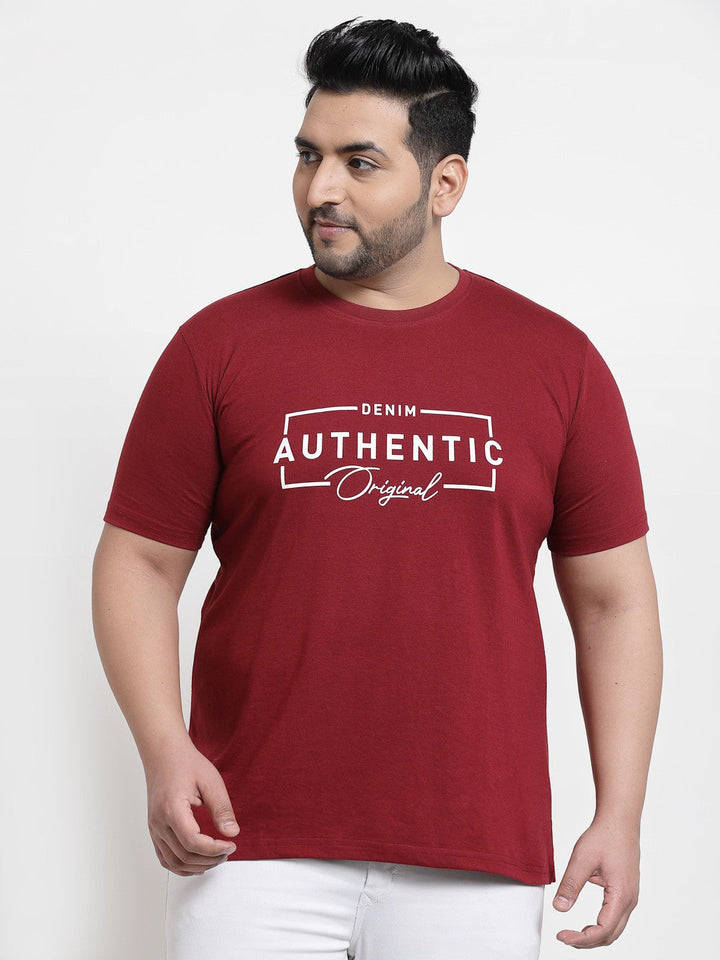 plusS Men Plus Size Maroon Typography Printed T-shirt