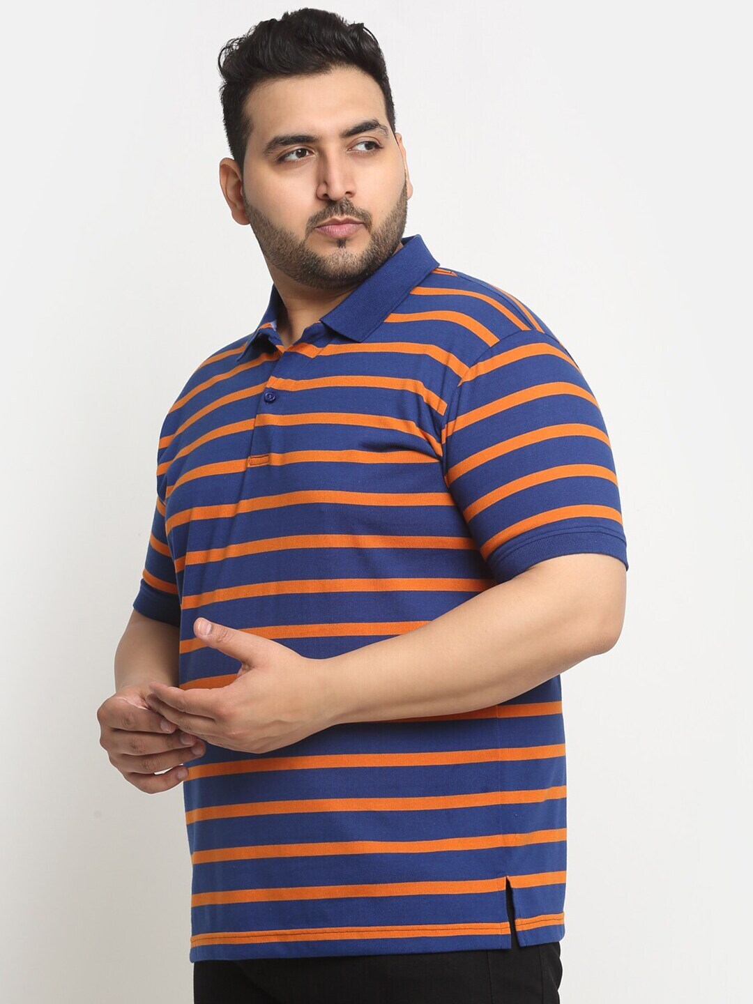 plusS Blue  Rust Striped Polo Collar Pure Cotton T-shirt