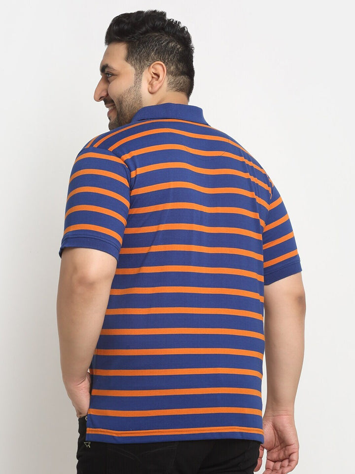 plusS Blue  Rust Striped Polo Collar Pure Cotton T-shirt