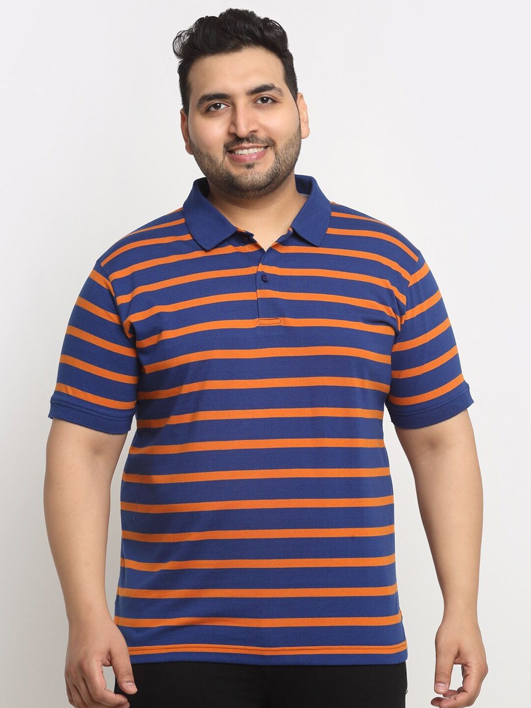 Plus Size Blue  Rust Striped Polo Collar Pure Cotton T-shirt