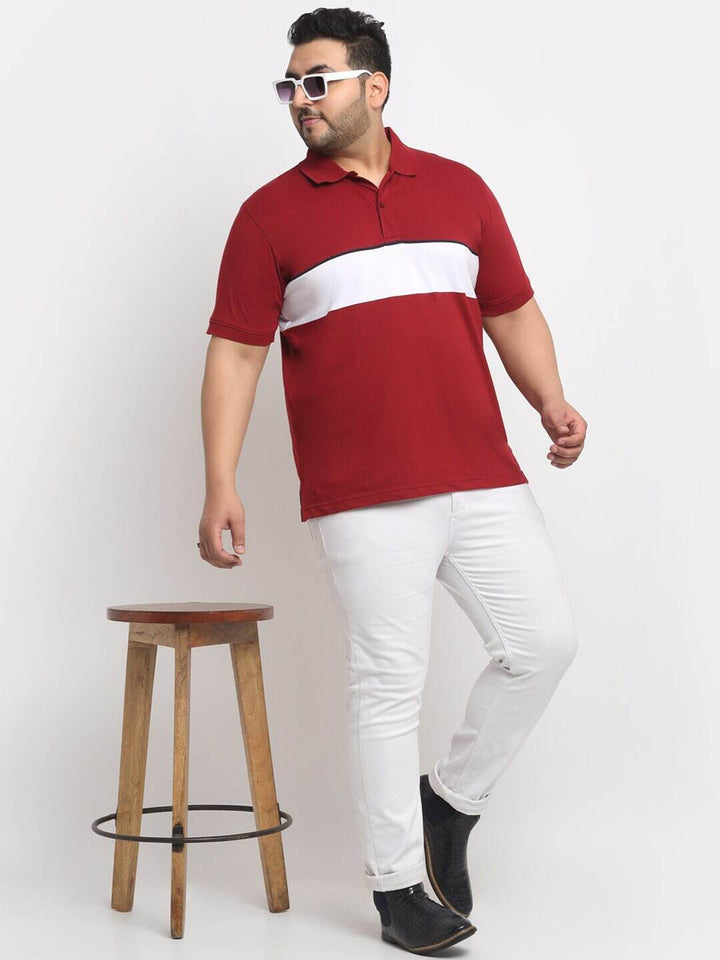 plusS Maroon Colourblocked Polo Collar Cotton T-Shirt