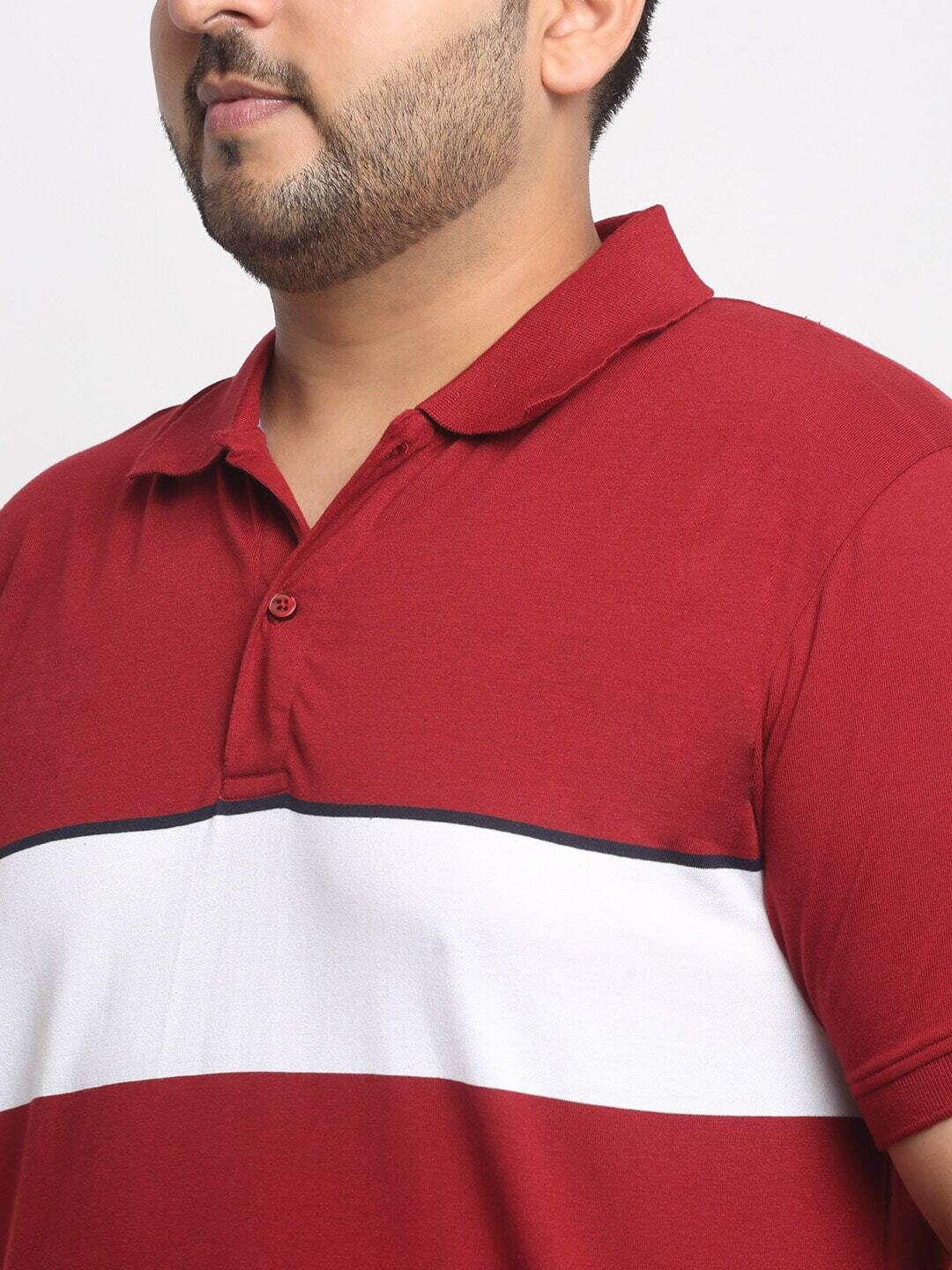 plusS Maroon Colourblocked Polo Collar Cotton T-Shirt