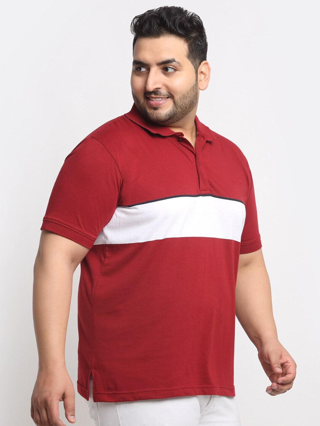 plusS Maroon Colourblocked Polo Collar Cotton T-Shirt