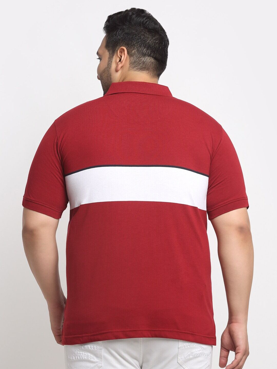 plusS Maroon Colourblocked Polo Collar Cotton T-Shirt