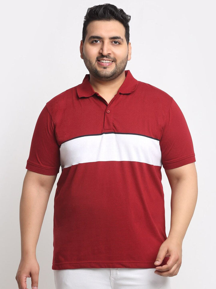 plusS Maroon Colourblocked Polo Collar Cotton T-Shirt