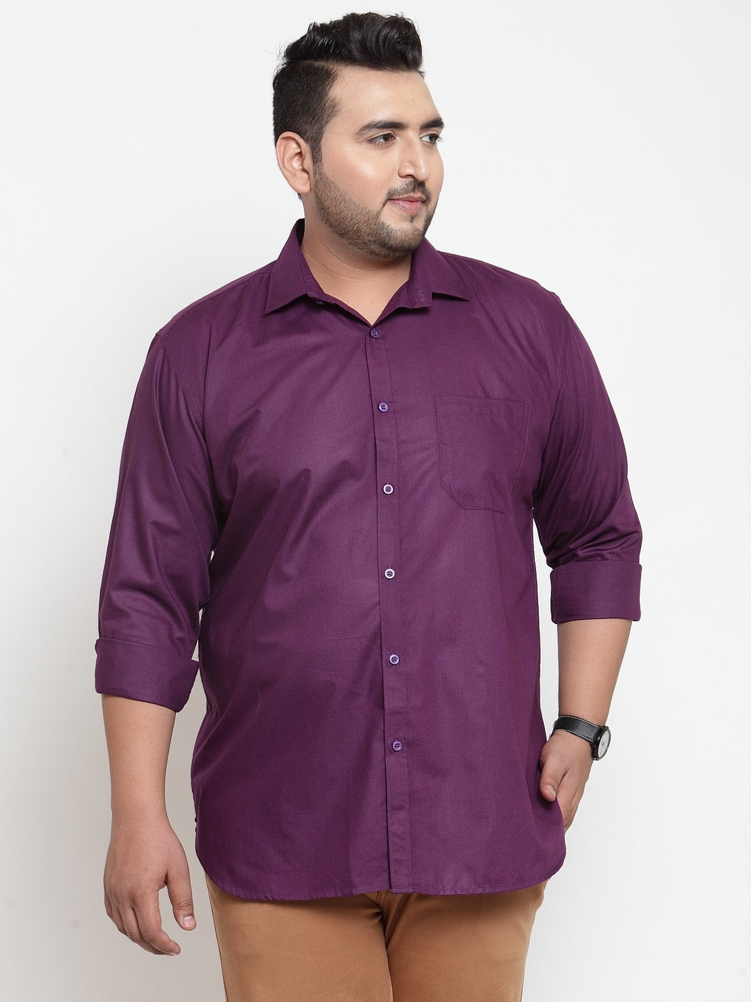 plusS Men Purple Regular Fit Solid Casual Shirt