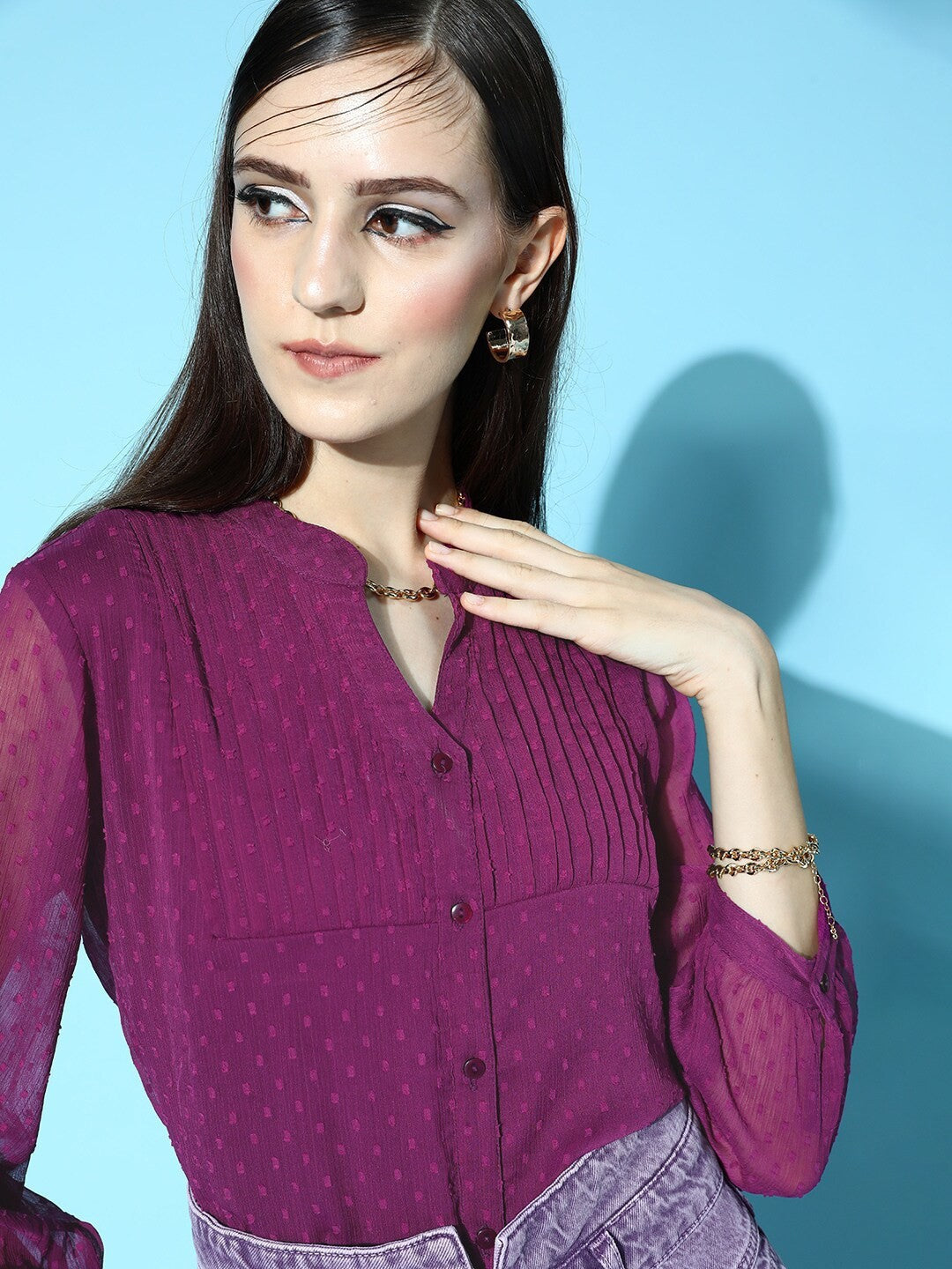 Pretty Purple Solid Pleated Form Shirt