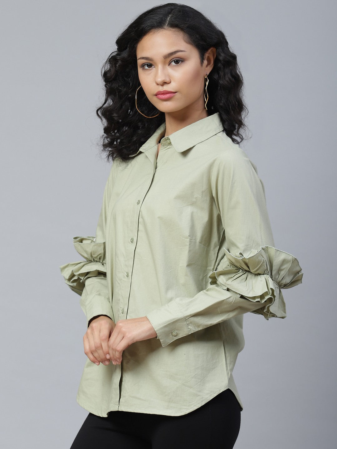 plusS Classy Green Ruffle Detail Solid Shirt