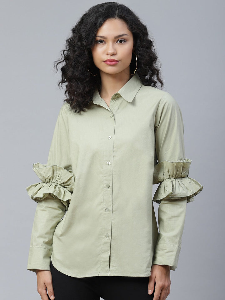 plusS Classy Green Ruffle Detail Solid Shirt