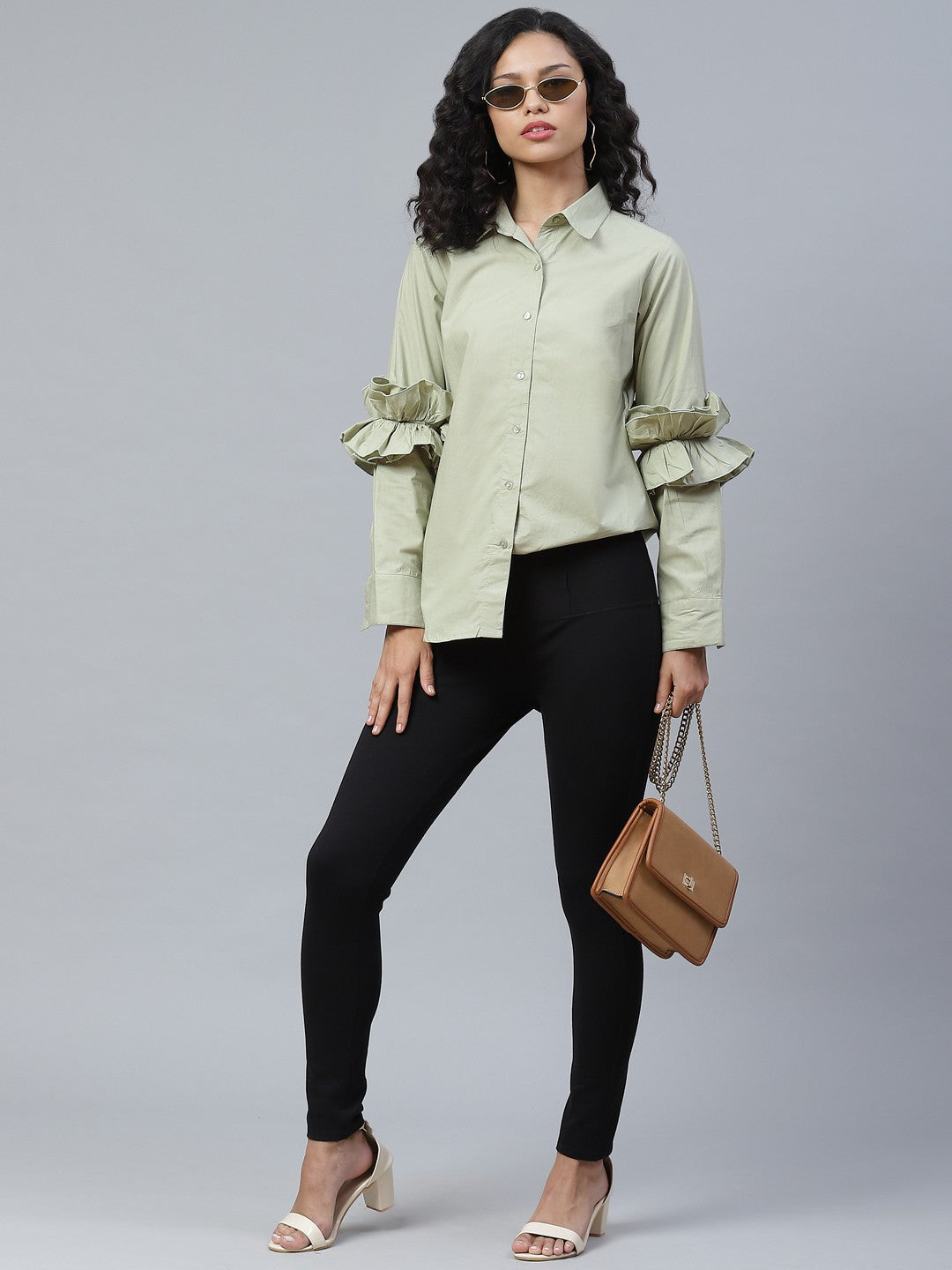 plusS Classy Green Ruffle Detail Solid Shirt