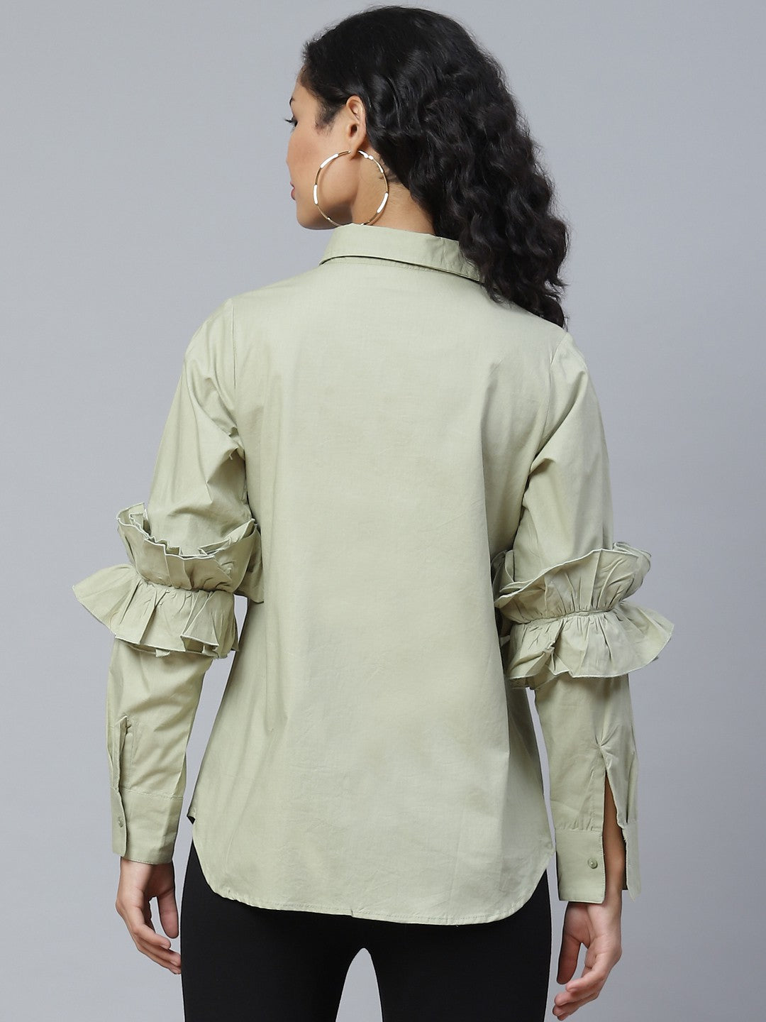 plusS Classy Green Ruffle Detail Solid Shirt