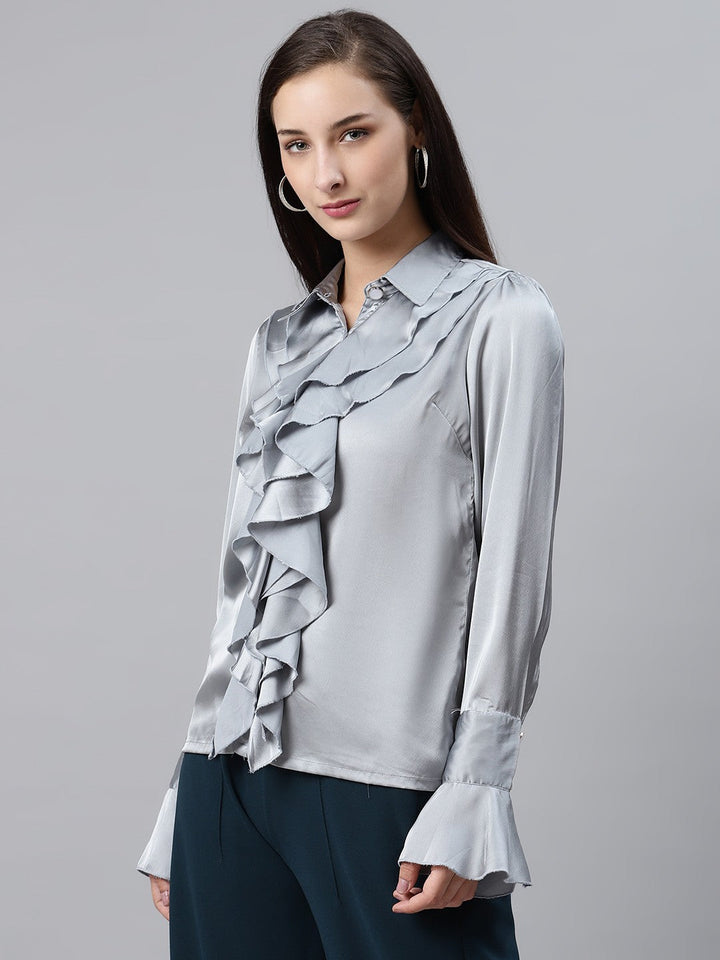 plusS Women Grey Solid Ruffle Detail Partywear Shirt