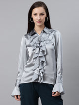 plusS Women Grey Solid Ruffle Detail Partywear Shirt