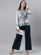 plusS Women Grey Solid Ruffle Detail Partywear Shirt