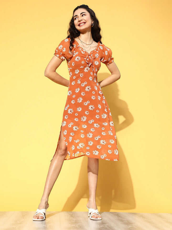 plusS Women Orange Romantic Florals Dress