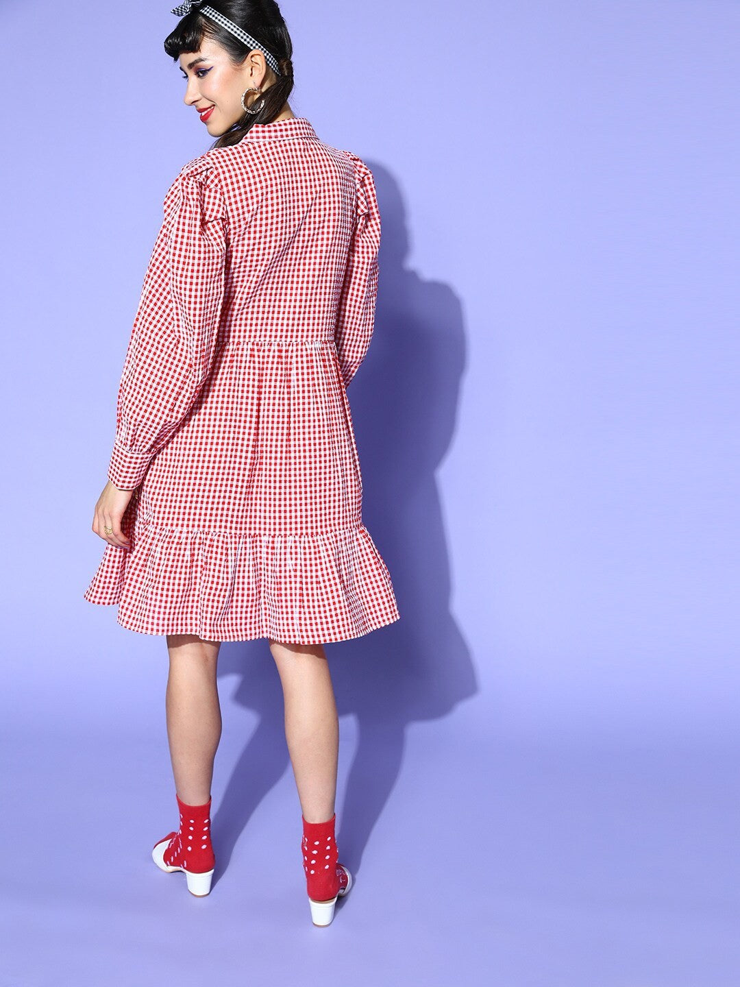 plusS Women Red  White Pure Cotton Checked A-Line Puff Sleeves Dress