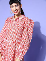 plusS Women Red  White Pure Cotton Checked A-Line Puff Sleeves Dress