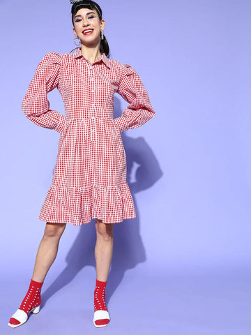 plusS Women Red  White Pure Cotton Checked A-Line Puff Sleeves Dress