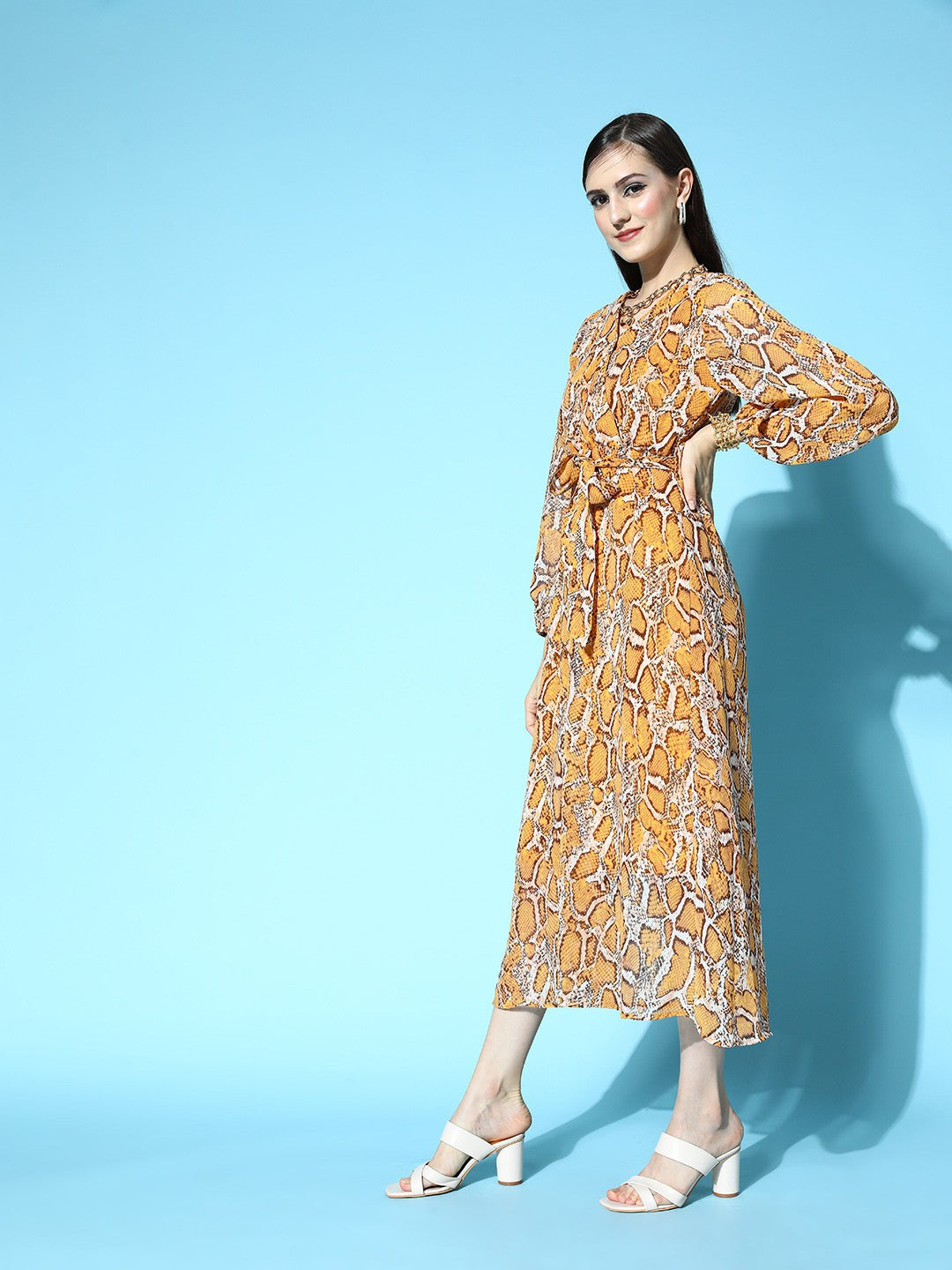 Mustard Animal Printed Volume Play Dress