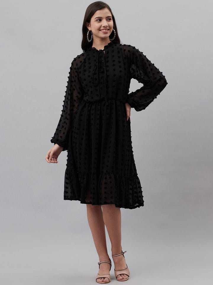 plusS Black Dobby Weave Tie-Up Neck A-Line Dress