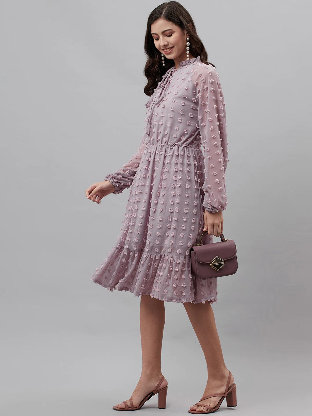 plusS Lavender Dobby Weave Tie-Up Neck A-Line Dress