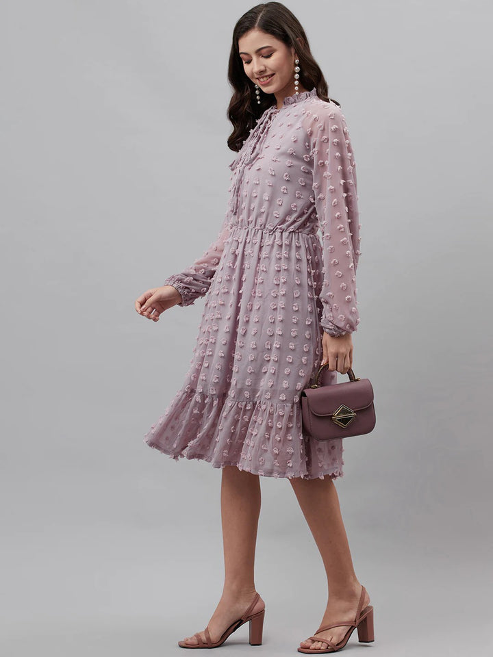 plusS Lavender Dobby Weave Tie-Up Neck A-Line Dress