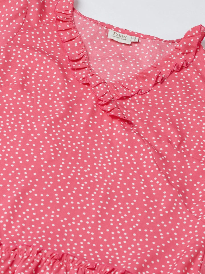 plusS Pink  Off White Polka Dots Print A-Line Dress