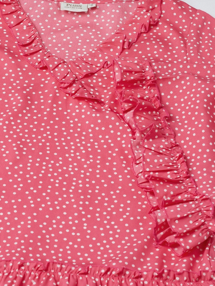 plusS Pink  Off White Polka Dots Print A-Line Dress