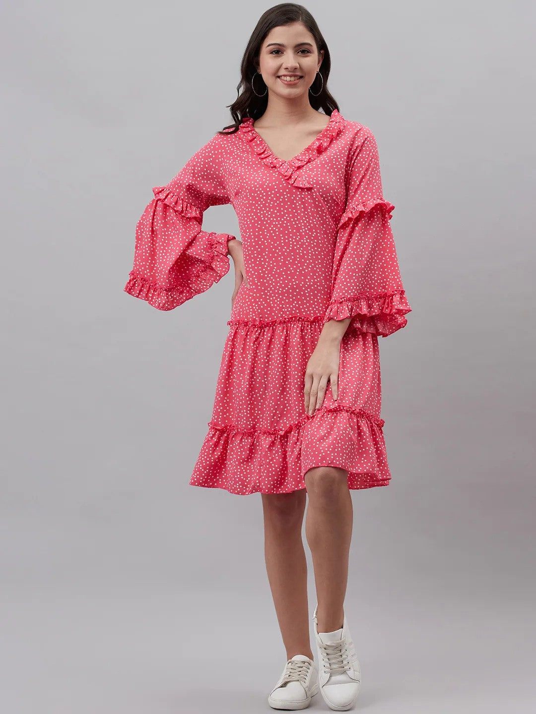 plusS Pink  Off White Polka Dots Print A-Line Dress
