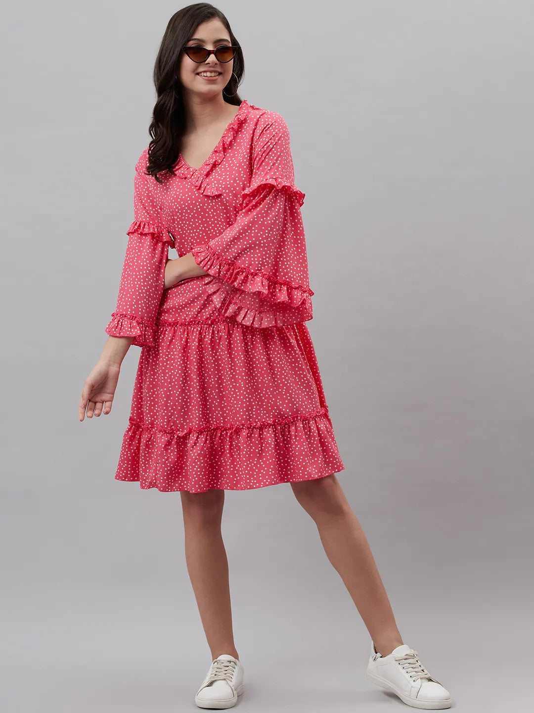 plusS Pink  Off White Polka Dots Print A-Line Dress