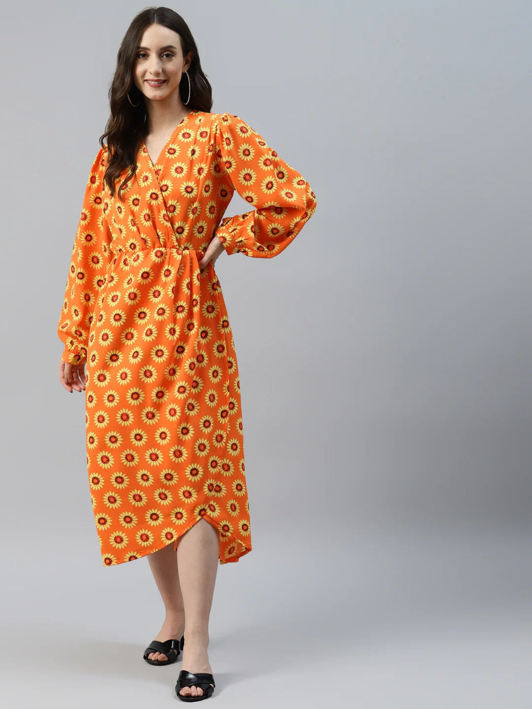 plusS Orange Floral Print Midi Dress