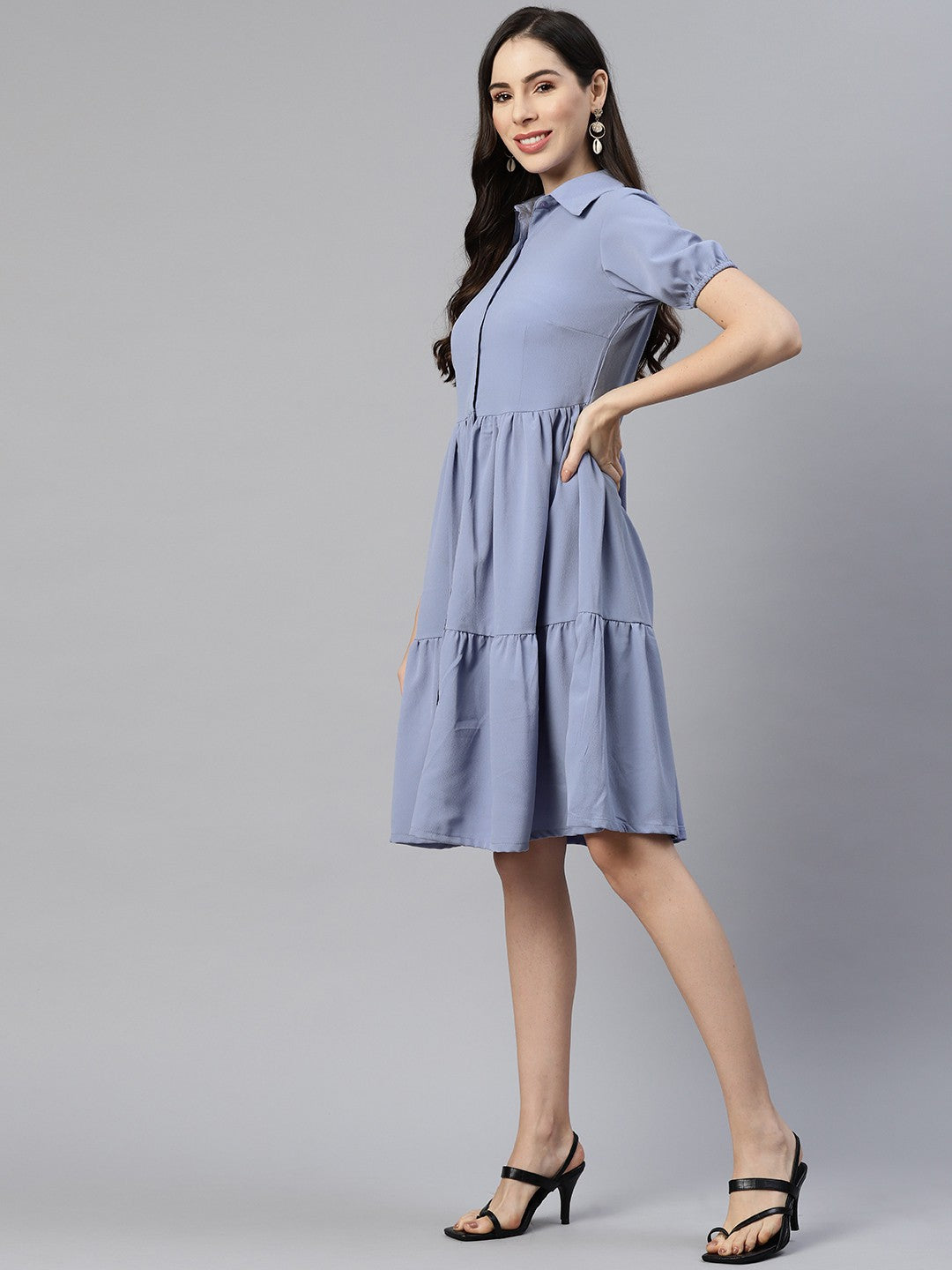 Blue Solid Shirt Dress