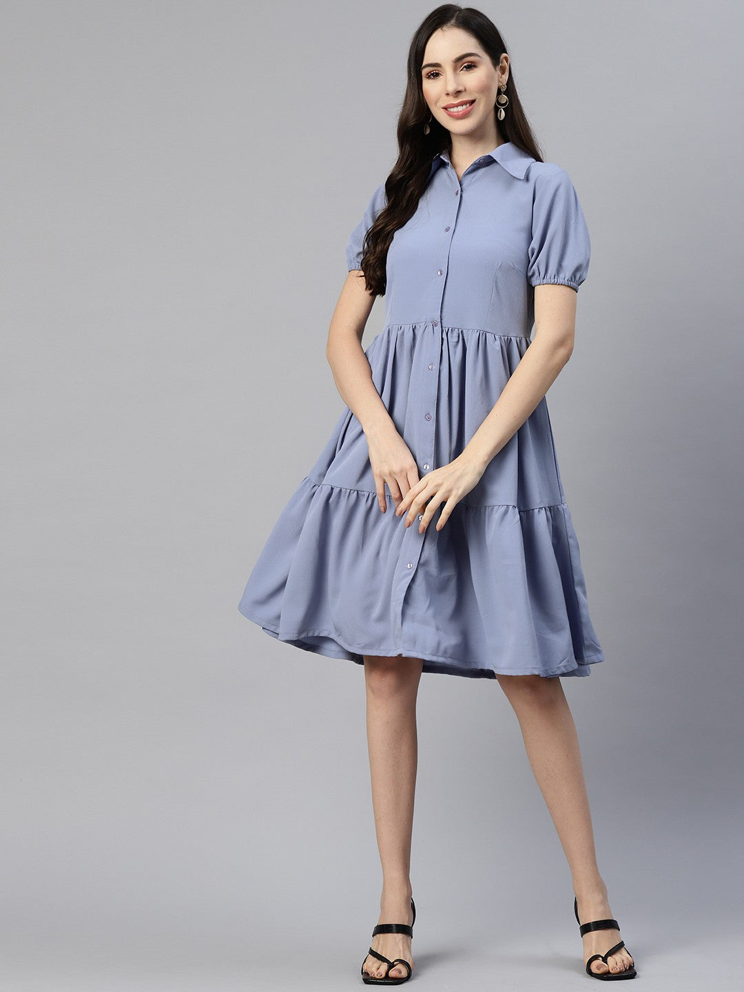 Blue Solid Shirt Dress