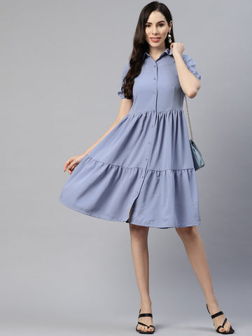 Blue Solid Shirt Dress