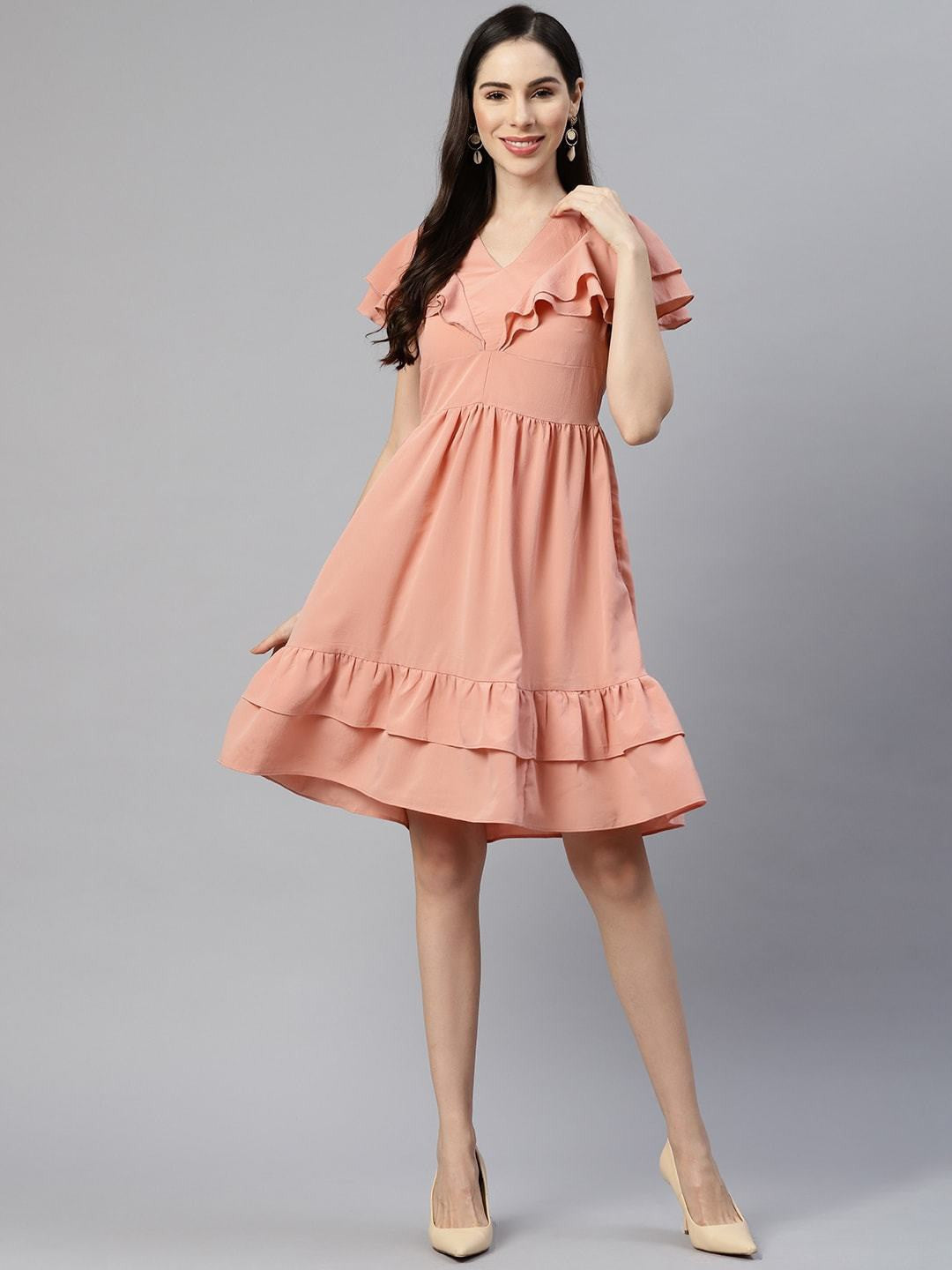 Peach-Coloured Solid A-Line Dress