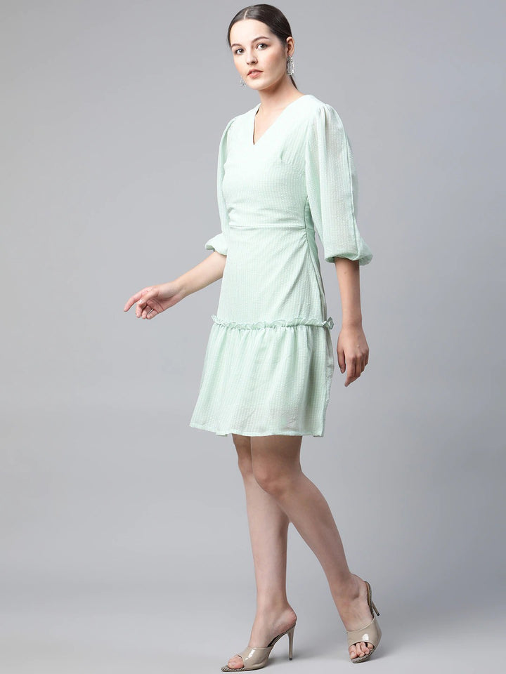 plusS Mint Green Self Design  A-Line Dress