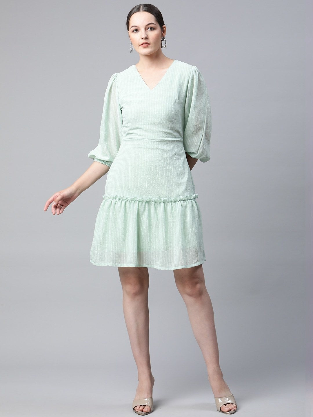 plusS Mint Green Self Design  A-Line Dress