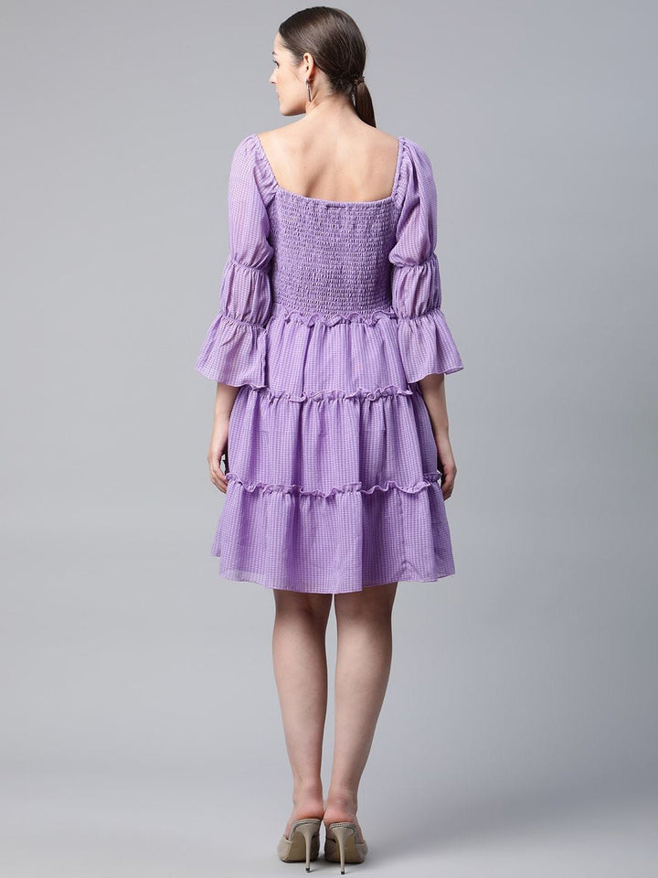 plusS Lavender Self Design Bell Sleeves A-Line Tiered Dress